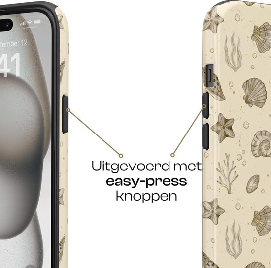 Telefoonhoesje met beige achtergrond, bedrukt met schelpen en zeedieren. De knoppen zijn gemarkeerd.