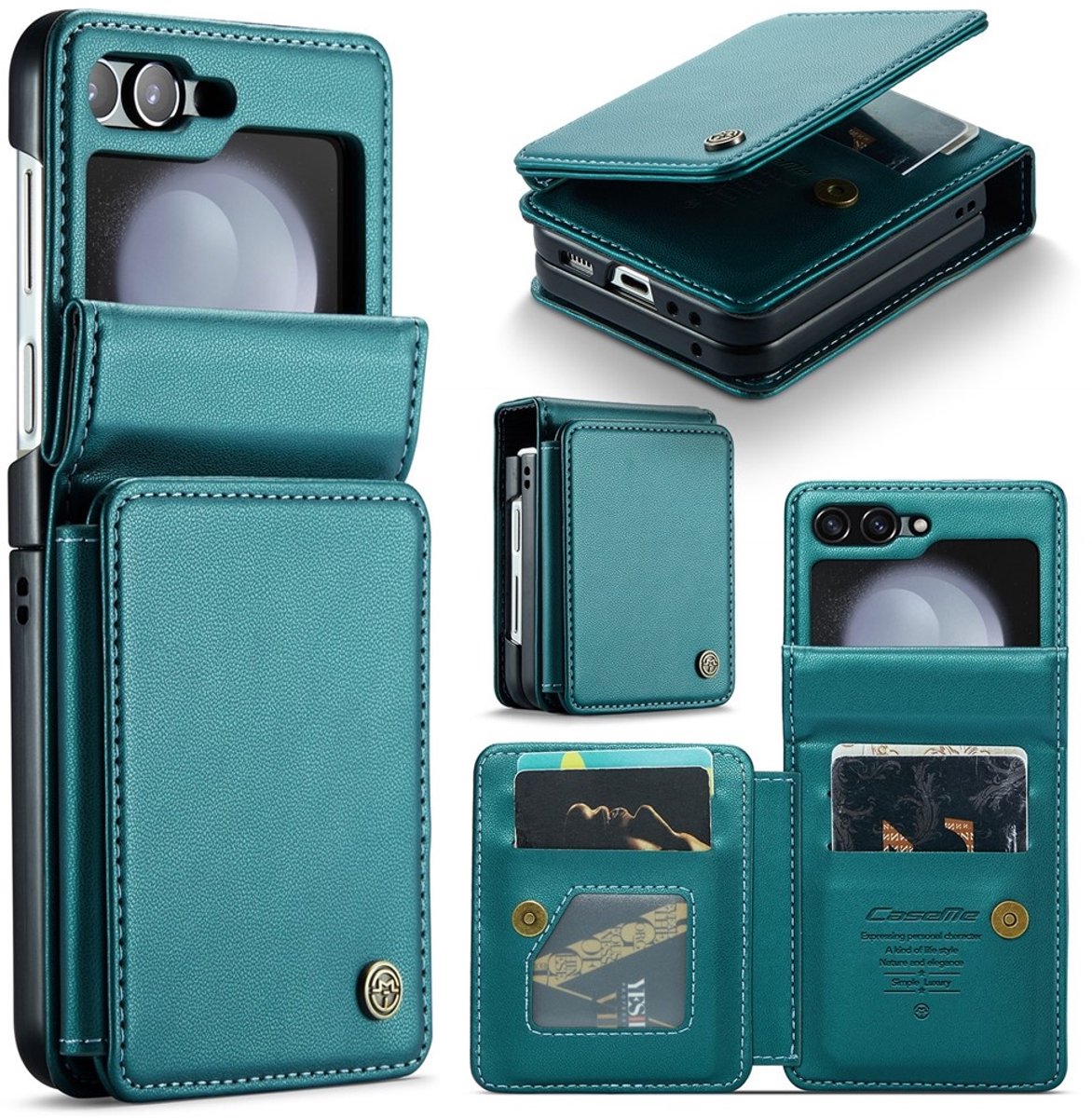 CaseMe Geschikt voor Samsung Galaxy Z Flip 7 FE / Z Flip6 PU Leren Backcover hoesje met kaarthouder - Turquoise