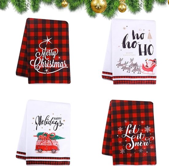 Lot de 4 torchons de Noël - Torchons décoratifs de Noël - Torchons de Kitchen de Noël - Torchons en microfibre - Torchons de Kitchen super absorbants - Torchons de bar et de thé à Plaid de Noël - 40 x 60 cm