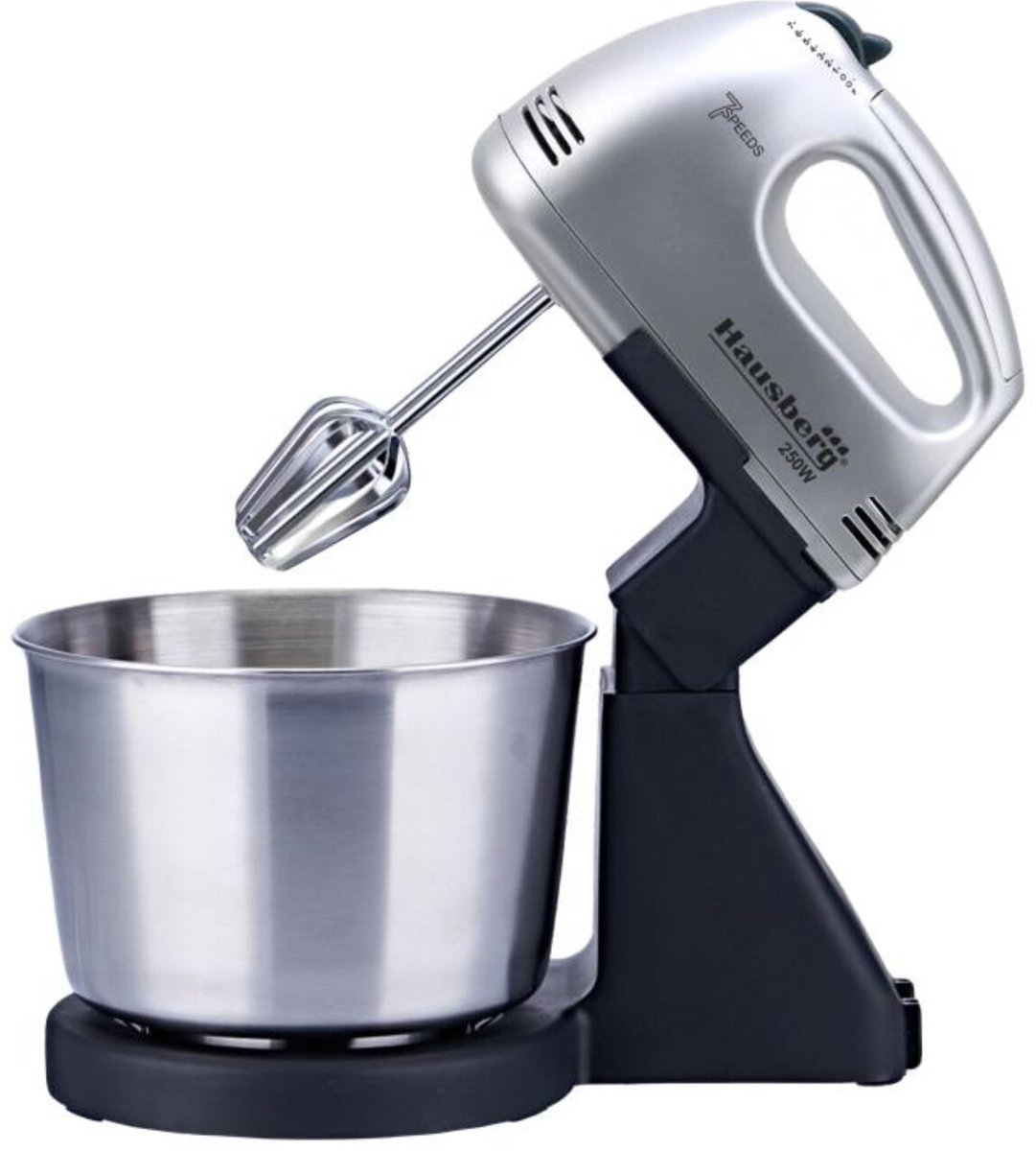Hausberg HB-3551NG Mixer met Mengkom – 250W – 7 snelheden – 2L RVS kom – Inclusief 2 kloppers & 2 deeghaken – Koperen motor – Compact & krachtig