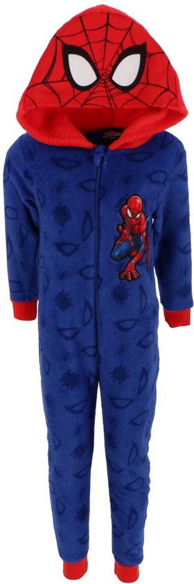 Blauwe Spiderman onesie met capuchon en rode details.