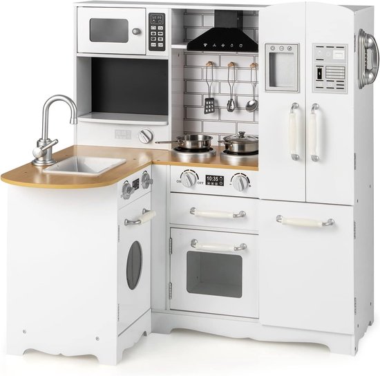 COSTWAY Kinderkeuken met accessoires, hoekspeelkeuken, hout, incl. koelkast, waterkraan, gootsteen, fornuis, telefoon, hoekkeuken, speelgoedkeuken voor kinderen vanaf 3 jaar