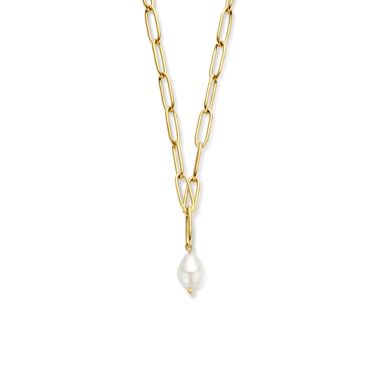 Lev Sieraden - Ketting - Collier - Paperclip Schakel rond met Synth. Parel - Goud - 4.3 mm 45 cm - Staal ion plating