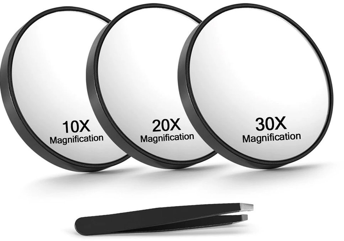 Vergroting Spiegel Met Zuignap En Pincet Set - 10X/20X/30X Travel Make-up Spiegel - Zwart - 3 Stuks