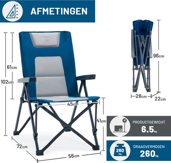 TIMBER RIDGE Campingstoel - Opvouwbaar - 4 Verstelbare Standen - 260 KG draagvermogen - Vouwstoel - Visstoel - Blauw van Timber Ridge — afbeelding 3