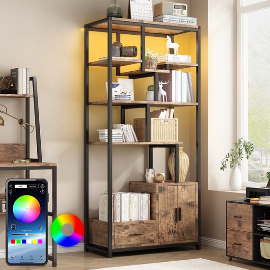 Bibliothèque - 78x40x172cm - Meuble de rangement - Meuble mural - Vitrine - Étagère - Meuble de salon avec Siècle des Lumières LED - 6 niveaux, 6 Planches, 1 tiroir et 1 porte d'armoire - Marron industriel Vintage et Zwart