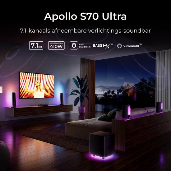 ULTIMEA Soundbar - 7.1 Surround Soundbar met RGB-verlichting, Draadloze Subwoofer & Afneembare Speakers - Smart App-besturing - Home Cinema & Gaming - Zwart van Ultimea — afbeelding 2
