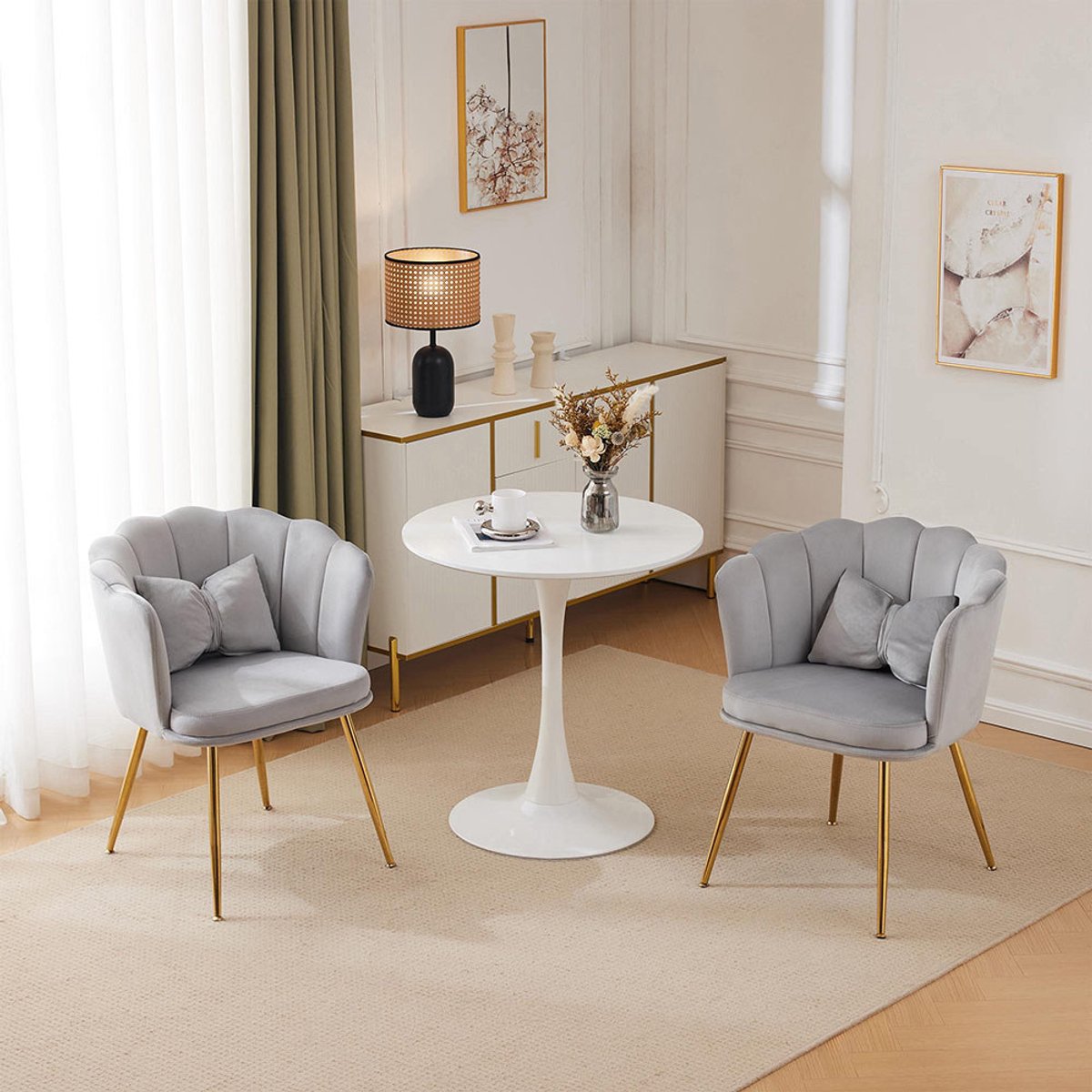 KOMHTOM BLACKCOLORS Set van 2 moderne fluwelen fauteuils, badkamerstoelen, gestoffeerde stoelen met bloembladvormige rugleuning, vergulde metalen poten en vlinderkussens voor de slaapkamer-eetkamer Grijs