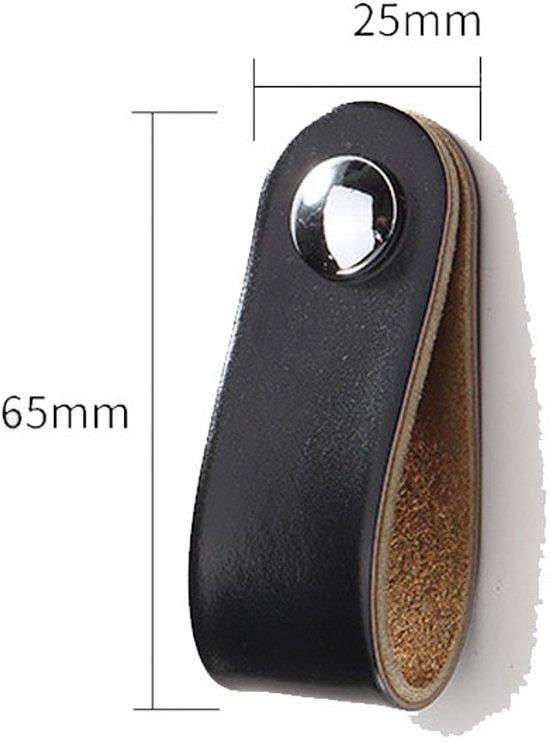 Zwarte leren lus handgreep van 65mm hoog en 25mm breed, met knop.
