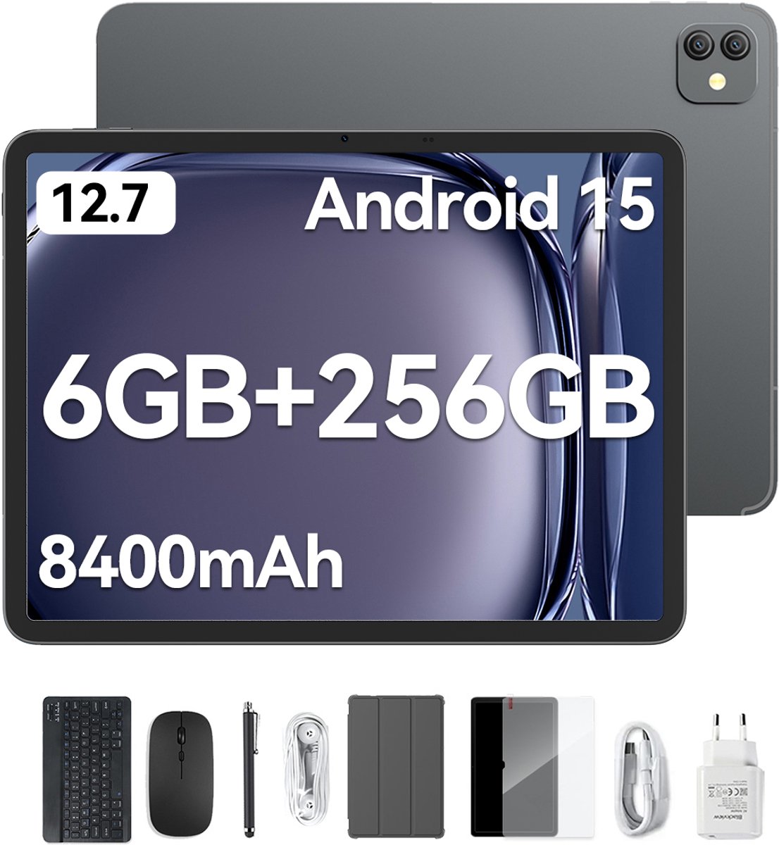 Blackview LINK 8 Tablet - Octa Core G100 Tablet - 12.7 Inch - 18 GB RAM + 256 GB ROM - Android 15 Tablet - Met Toetsenbord(QWERTY), Beschermhoes, Muis, Stylus - 8400 mAh - 90 Hz 2K FHD Scherm - Widevine L1 - 5G WiFi - Gezichtsherkenning - Zwart