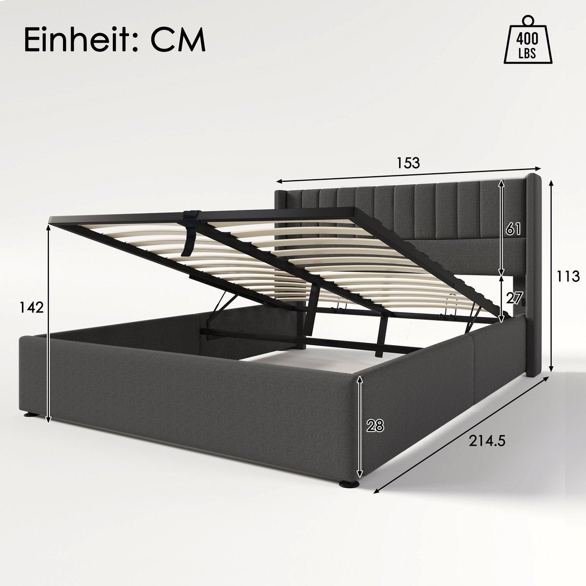 SONNENH Stauraumbett Polsterbett Hydraulisch 140x200 cm - Lattenrost uit hout - Metalen frame - Linnen Grijs met Matras