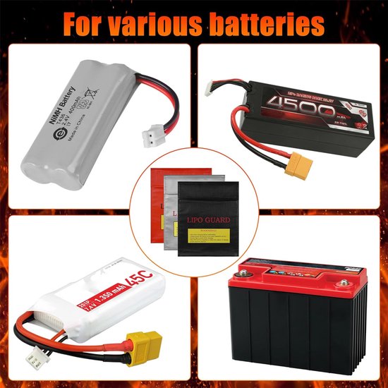 Montage van verschillende batterijtypes (NiMH, Lipo, auto-accu) en drie LIPO GUARD tassen.