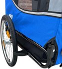 Detail van een blauwe fietskar met reflecterende strip en wiel.