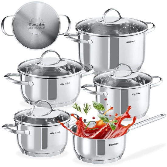 tectake® 9-delige Kookpannenset Bologna - Kookpottenset - Kookpan - Steelpan - RVS Pannen - Pannenset - Geschikt voor Inductie en Gasfornuis - Kookpotten met Glazen Deksel, Stoomafvoer en Spiraalbodem - Vaatwasserbestendig