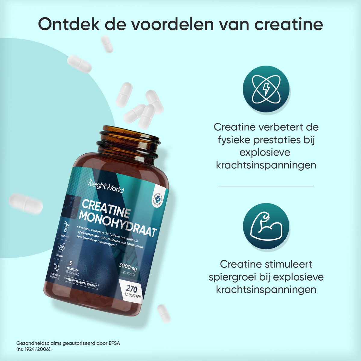 WeightWorld Creatine Monohydraat - 3000 mg - 270 vegan creatine monohydrate tabletten voor 3 maanden — afbeelding 3