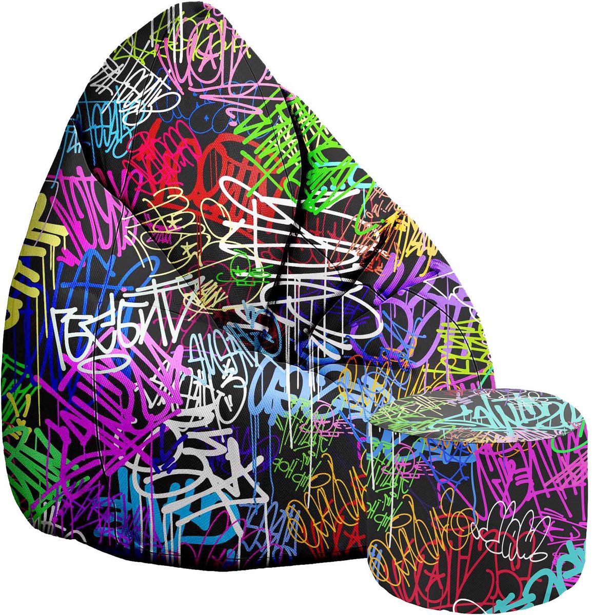DreamRoots Velvet Zitzak voor Volwassenen – Luxe Beanbag met Voetsteun en Afneembare Hoes – Inclusief Vulling – 80x80x120 cm - Graffiti