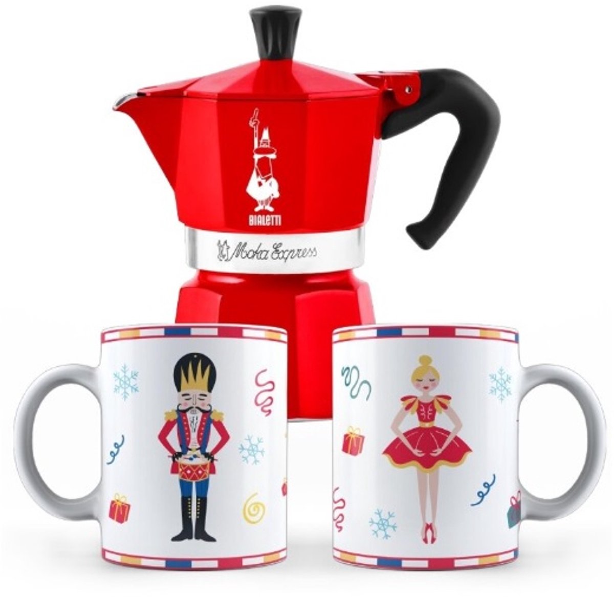 Bialetti - Nutcracker Moka Express - 6tz - Percolator + 2 kopjes van 300 ml - Limited edition - Kerstmis - het perfecte cadeau