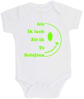 100% katoenen Romper bedrukt met grappige tekst Kado Cadeau Kraamkado Kraamcadeau "Als ik Lach Zit ik Te Schijten" Unisex Katoen Wit/fluor green Maat 62/68