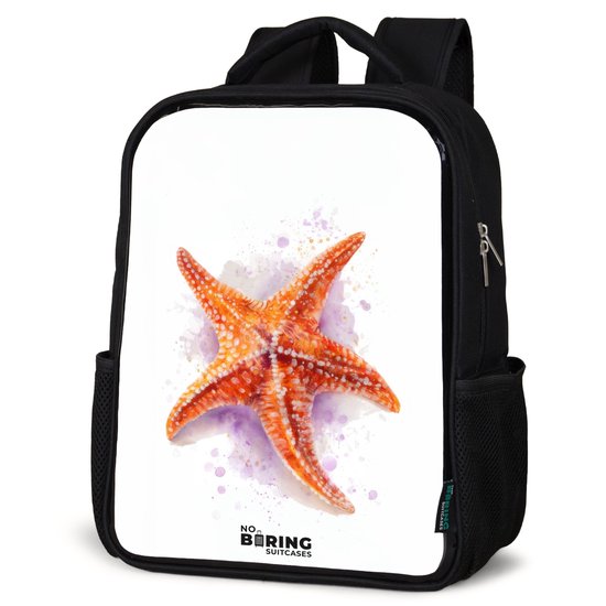 NoBoringSuitcases.com® - Rugzak zwart - Schooltas jongen & meisje - Oranje Zeester Illustratie - Rugtas voor school - Boekentas kind - Schoolrugzak - Kinderrugzak