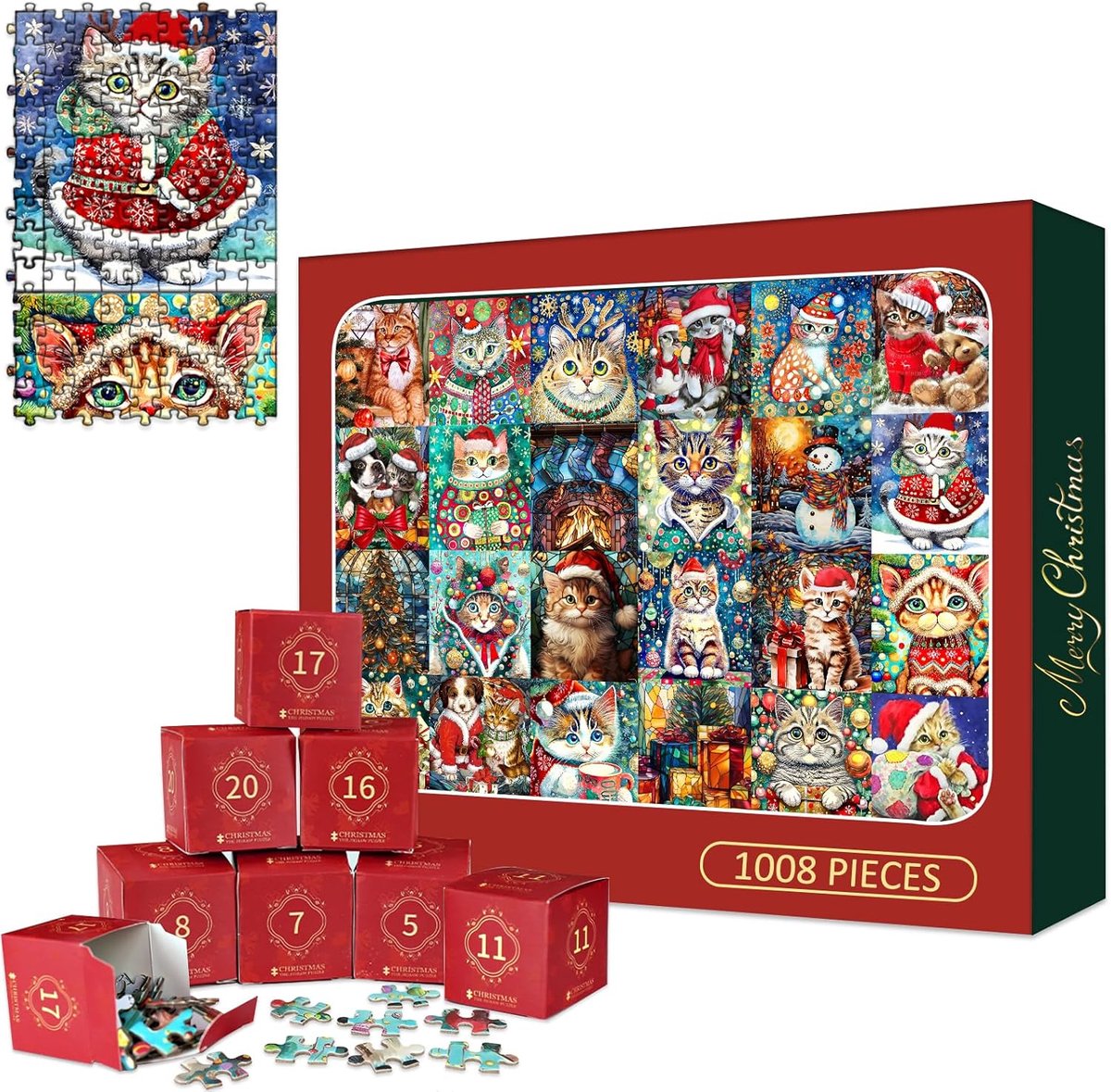 Adventskalender 2026-Hoogwaardige kerstkattenpuzzel-Adventskalender 2026 rituals-Adventskalender puzzel 1008 Stukjes-Timer Kalender Kerstcadeau Woondecoratie Kat-70x50CM