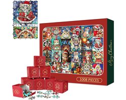 Adventskalender 2026-Hoogwaardige kerstkattenpuzzel-Adventskalender 2026 rituals-Adventskalender puzzel 1008 Stukjes-Timer Kalender Kerstcadeau Woondecoratie Kat-70x50CM