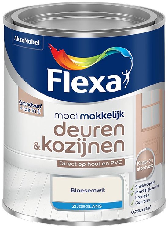Blik Flexa "mooi makkelijk deuren & kozijnen" in de kleur Bloesemwit, zijdeglans. Met grondverf + lak in 1.
