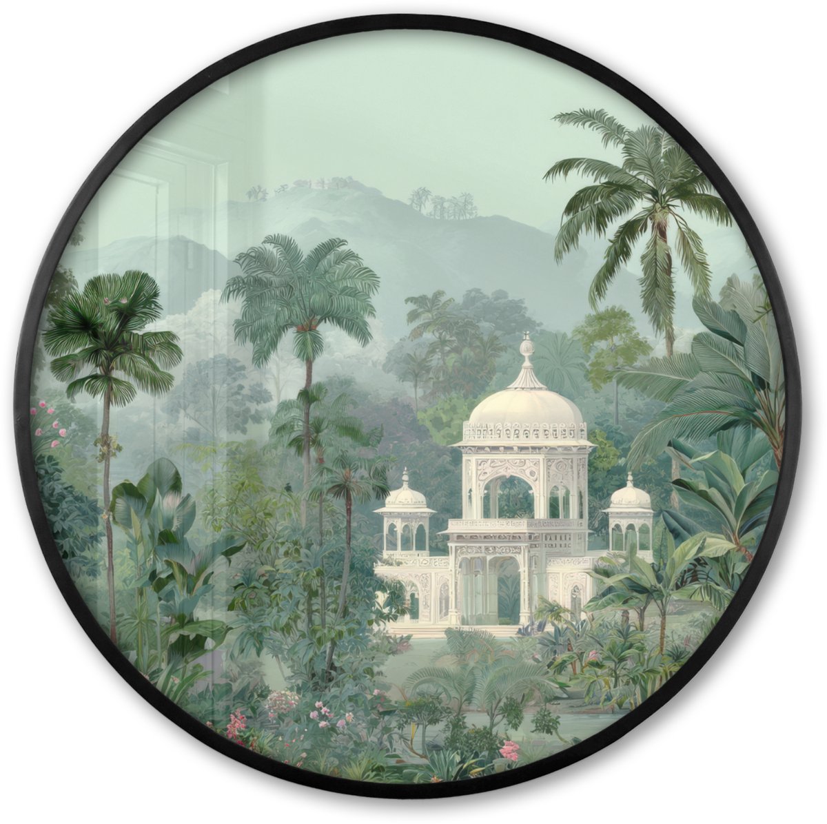 FrameYourWall Poster in lijst Rond - Fotolijst 60x60 cm - Posters - Tropische tuin - Koepelgebouw - Bloemen - Ronde posterlijst zwart - Decoratie - Wanddecoratie woonkamer - Muurdecoratie slaapkamer Tropisch - Tuin - Koepelgebouw