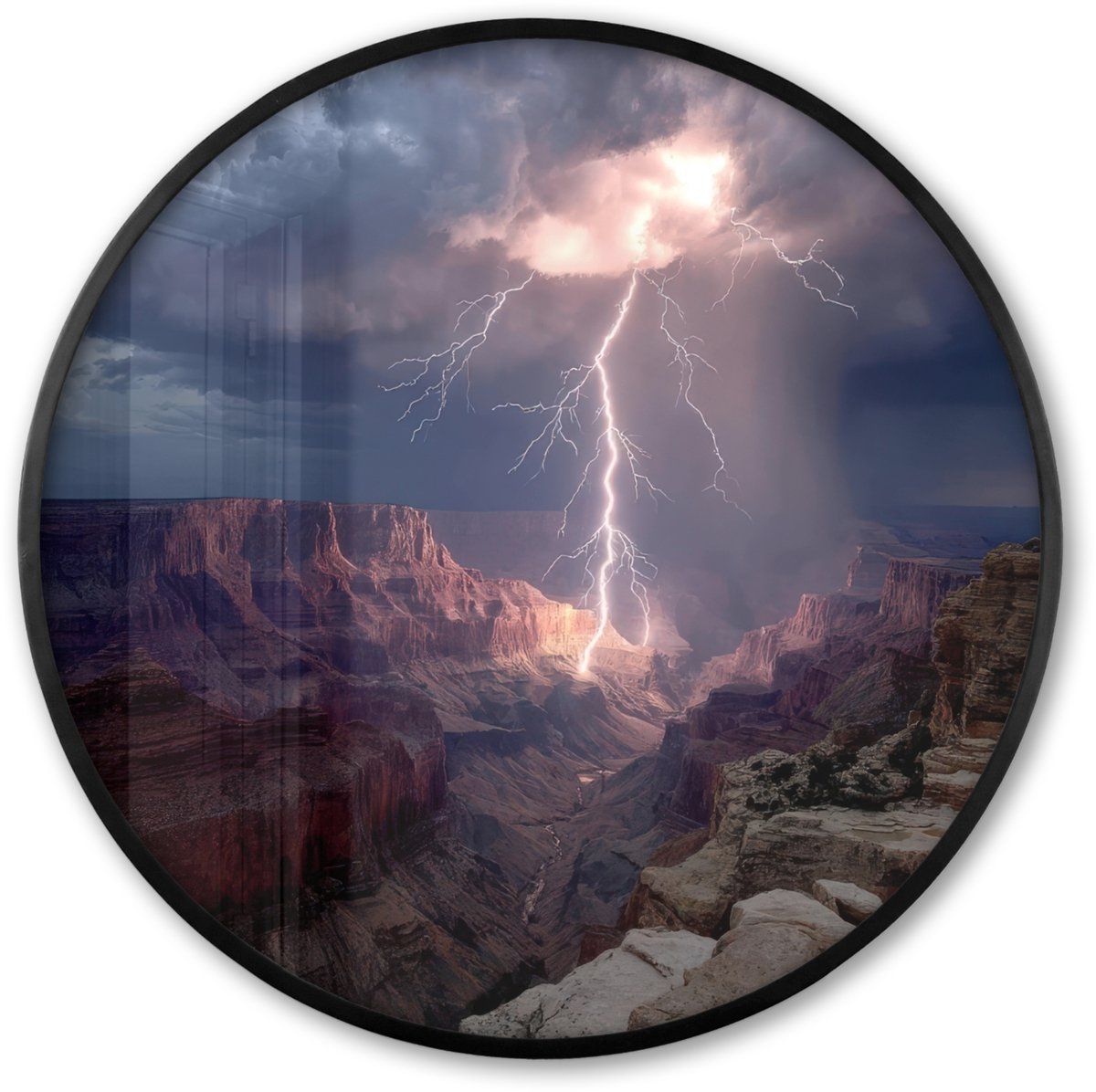 FrameYourWall Poster in lijst Rond - Fotolijst 60x60 cm - Posters - Bliksem - Wolken - Canyon - Ronde posterlijst zwart - Decoratie - Wanddecoratie woonkamer - Muurdecoratie slaapkamer Bliksem - Wolken - Rotsen