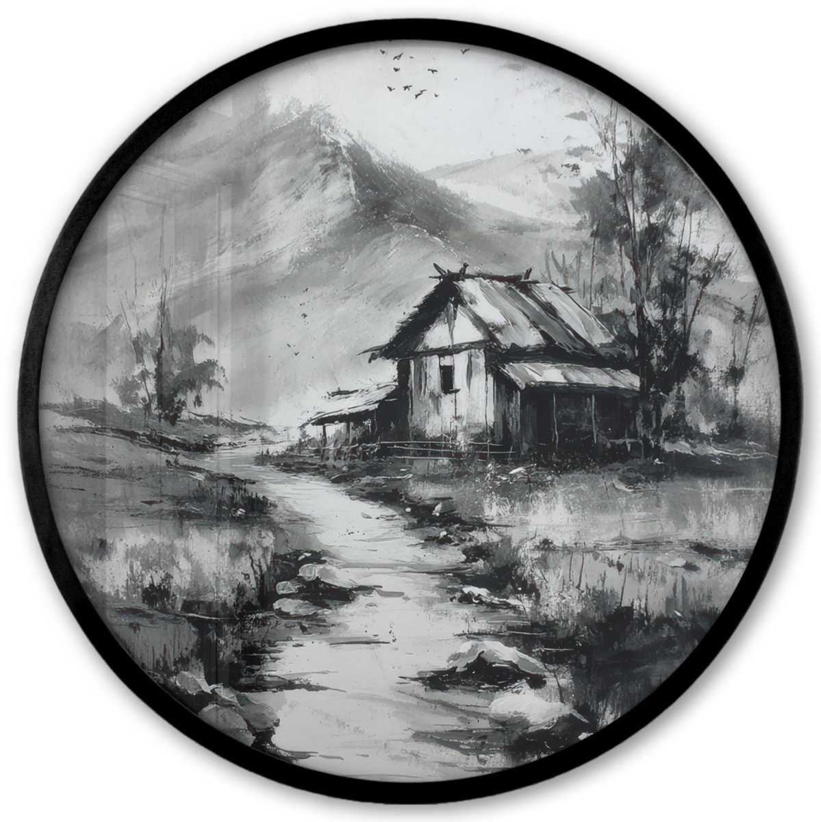 FrameYourWall Poster in lijst Rond - Fotolijst 40x40 cm - Posters - Hut - Grijs - Bergen - Mistig - Ronde posterlijst zwart - Decoratie - Wanddecoratie woonkamer - Muurdecoratie slaapkamer