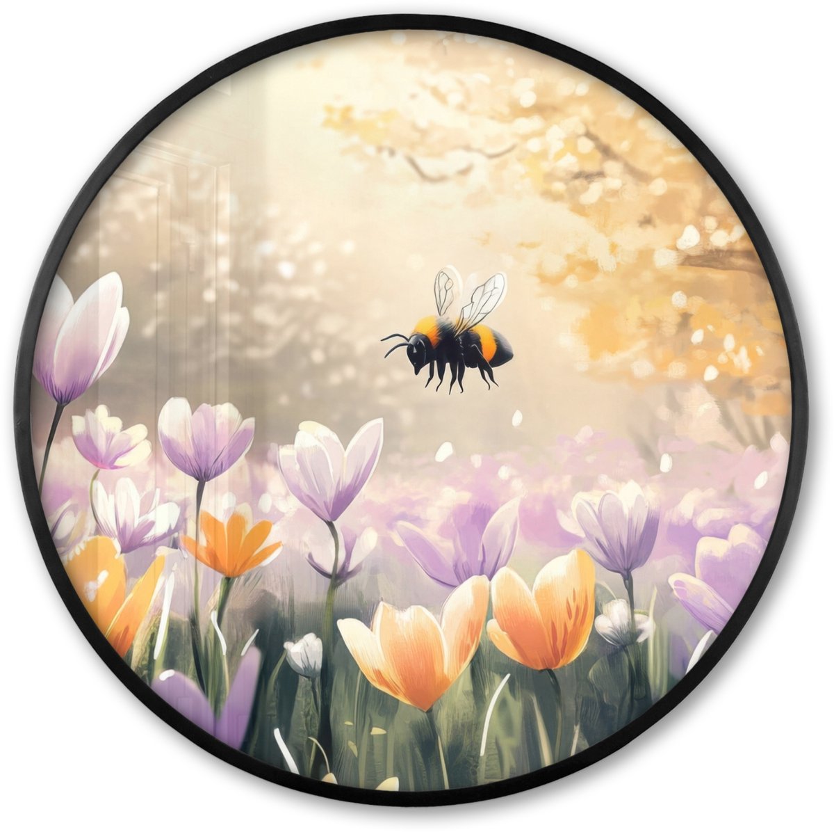FrameYourWall Poster in lijst Rond - Fotolijst 60x60 cm - Posters - Viooltjes - bij - Zonlicht - Ronde posterlijst zwart - Decoratie - Wanddecoratie woonkamer - Muurdecoratie slaapkamer Bij - Bloemen