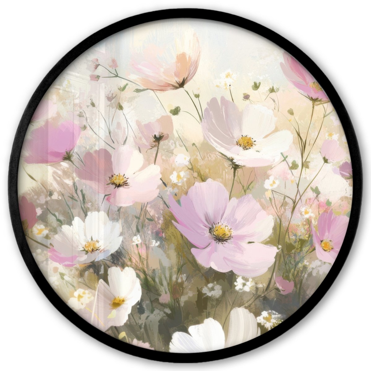 FrameYourWall Poster in lijst Rond - Fotolijst 40x40 cm - Posters - Bloemenveld - Lichte tinten - Geschilderd - Ronde posterlijst zwart - Decoratie - Wanddecoratie woonkamer - Muurdecoratie slaapkamer