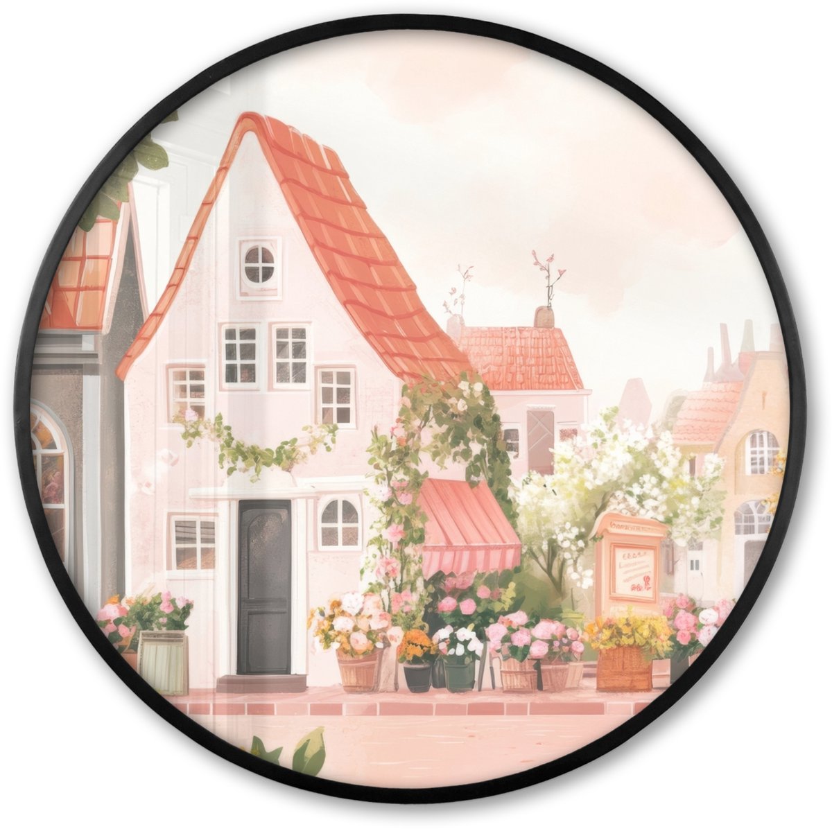 FrameYourWall Poster in lijst Rond - Fotolijst 60x60 cm - Posters - Bloemen - Huizen - Dorp - Ronde posterlijst zwart - Decoratie - Wanddecoratie woonkamer - Muurdecoratie slaapkamer Huisjes - Dorp