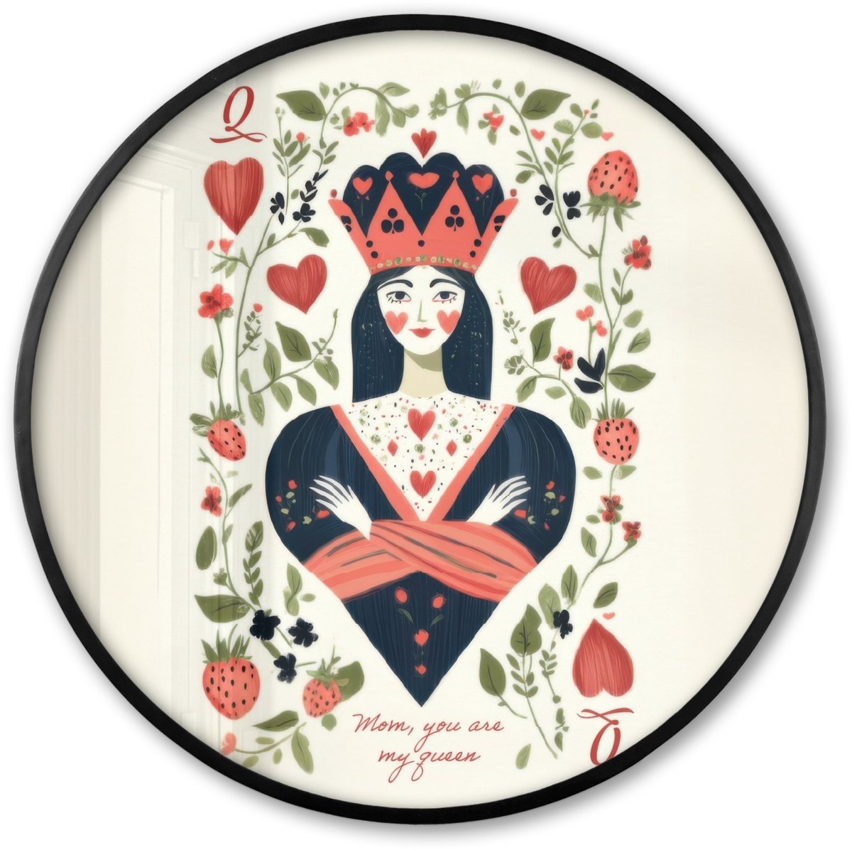 FrameYourWall Poster in lijst Rond - Fotolijst 60x60 cm - Posters - Speelkaart - Hartenkoningin - Bloemen - Hartjes - Ronde posterlijst zwart - Decoratie - Wanddecoratie woonkamer - Muurdecoratie slaapkamer Speelkaart - Hartenkoningin - Tekst