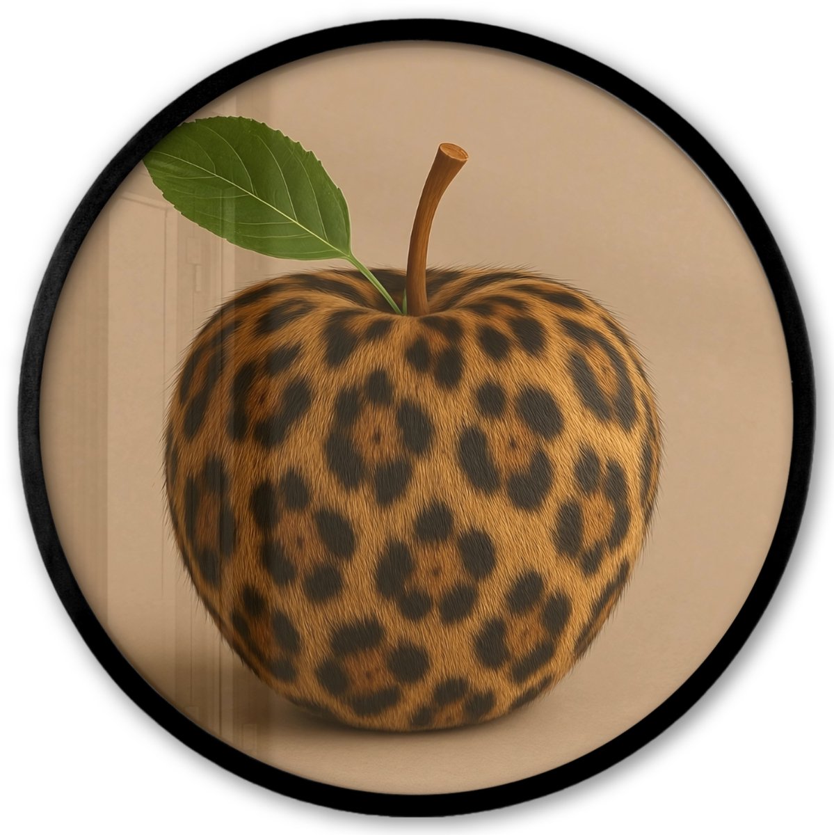 FrameYourWall Poster in lijst Rond - Fotolijst 40x40 cm - Posters - Appel - Panter - Blaadje - Groen - Ronde posterlijst zwart - Decoratie - Wanddecoratie woonkamer - Muurdecoratie slaapkamer Appel - Panterprint