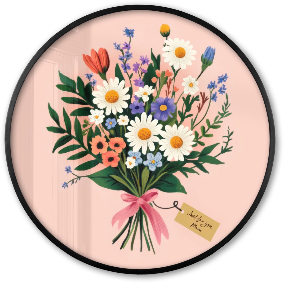 FrameYourWall Poster in lijst Rond - Fotolijst 60x60 cm - Posters - Margrieten - Boeket - Strikje - Roze - Ronde posterlijst zwart - Decoratie - Wanddecoratie woonkamer - Muurdecoratie slaapkamer Boeket - Kaartje
