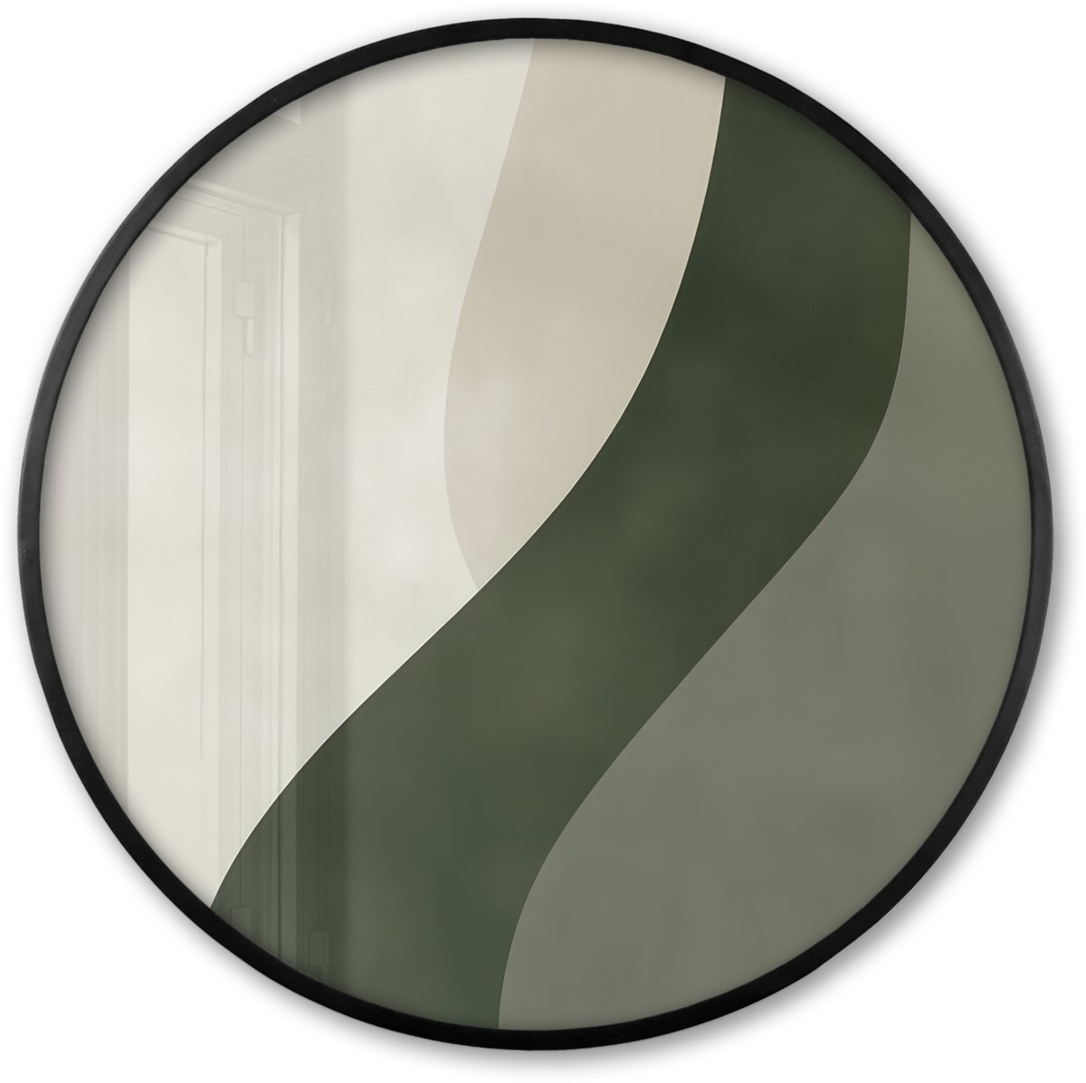 FrameYourWall Poster in lijst Rond - Fotolijst 60x60 cm - Posters - Japandi - Groen - Abstract - Modern - Ronde posterlijst zwart - Decoratie - Wanddecoratie woonkamer - Muurdecoratie slaapkamer Lijn