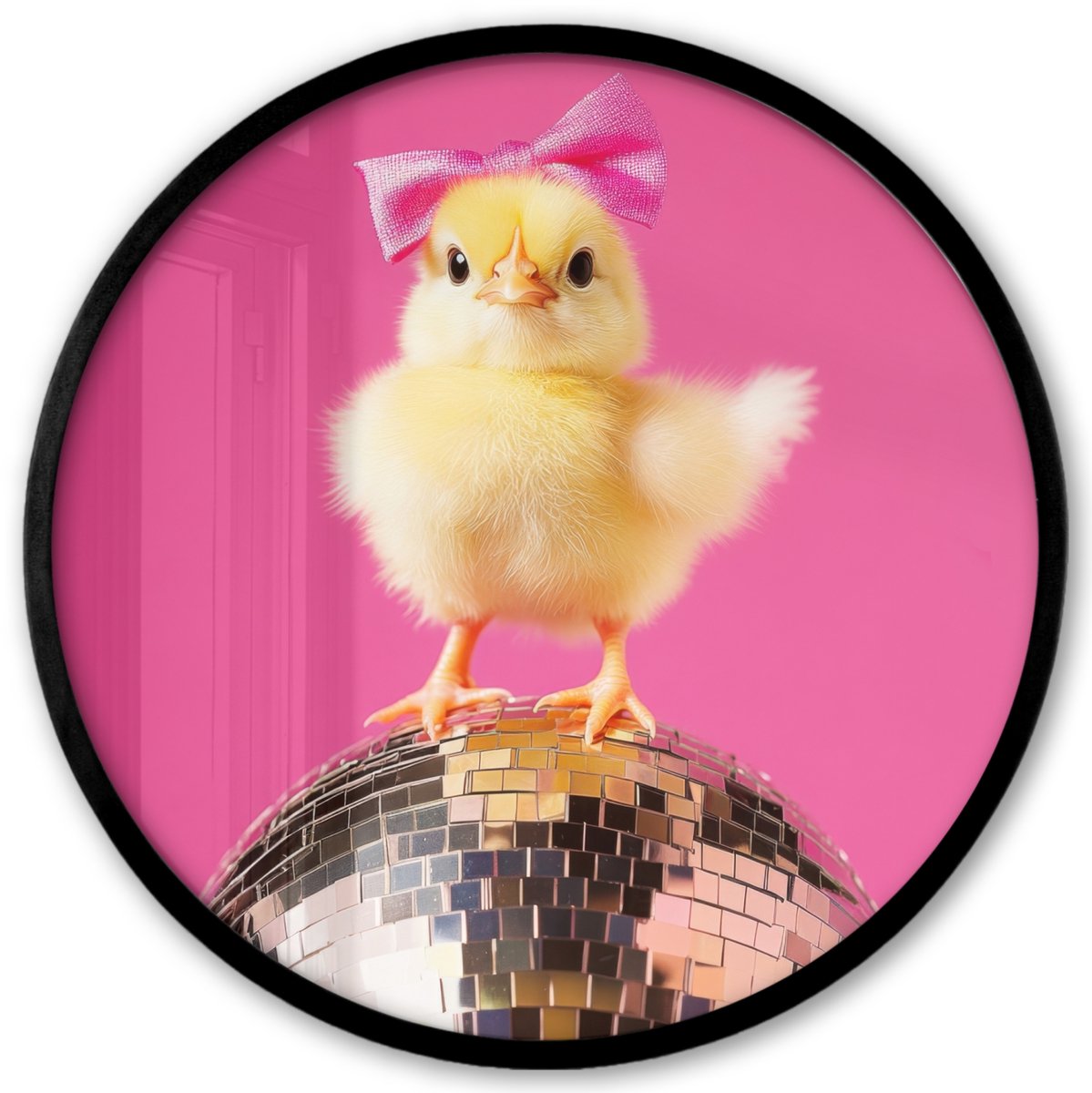FrameYourWall Poster in lijst Rond - Fotolijst 40x40 cm - Posters - Discobal - Kuiken - Strik - Ronde posterlijst zwart - Decoratie - Wanddecoratie woonkamer - Muurdecoratie slaapkamer Kuiken - Disco