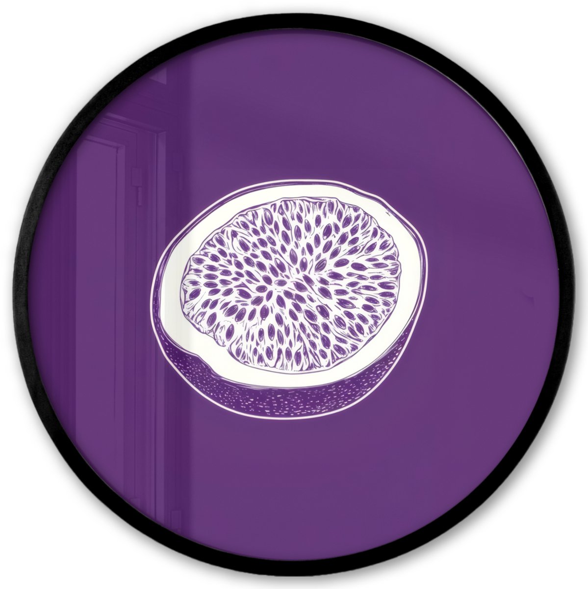 FrameYourWall Poster in lijst Rond - Fotolijst 40x40 cm - Posters - Passievrucht - Zaadjes - Paars - Minimalistisch - Ronde posterlijst zwart - Decoratie - Wanddecoratie woonkamer - Muurdecoratie slaapkamer