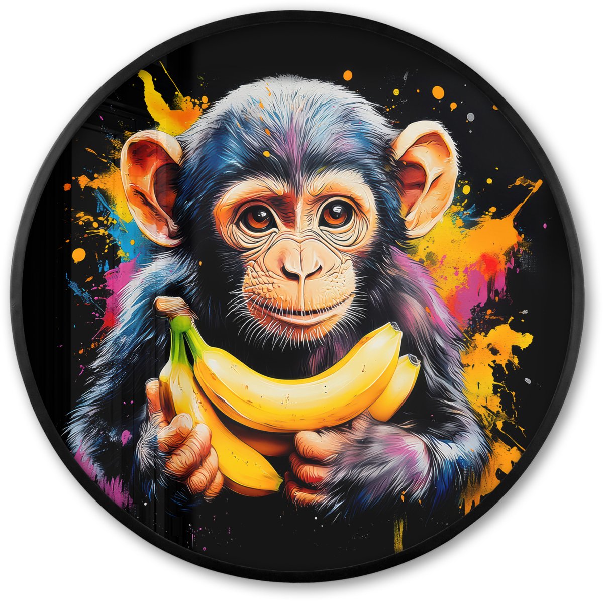 FrameYourWall Poster in lijst Rond - Fotolijst 80x80 cm - Posters - Aap - Graffiti - Kleurrijk - Bananen - Modern - Ronde posterlijst zwart - Decoratie - Wanddecoratie woonkamer - Muurdecoratie slaapkamer Graffiti - Aap