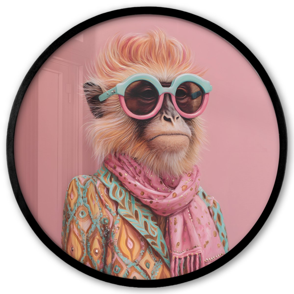 FrameYourWall Poster in lijst Rond - Fotolijst 40x40 cm - Posters - Sjaal - Aap - Zonnebril - Jasje - Ronde posterlijst zwart - Decoratie - Wanddecoratie woonkamer - Muurdecoratie slaapkamer