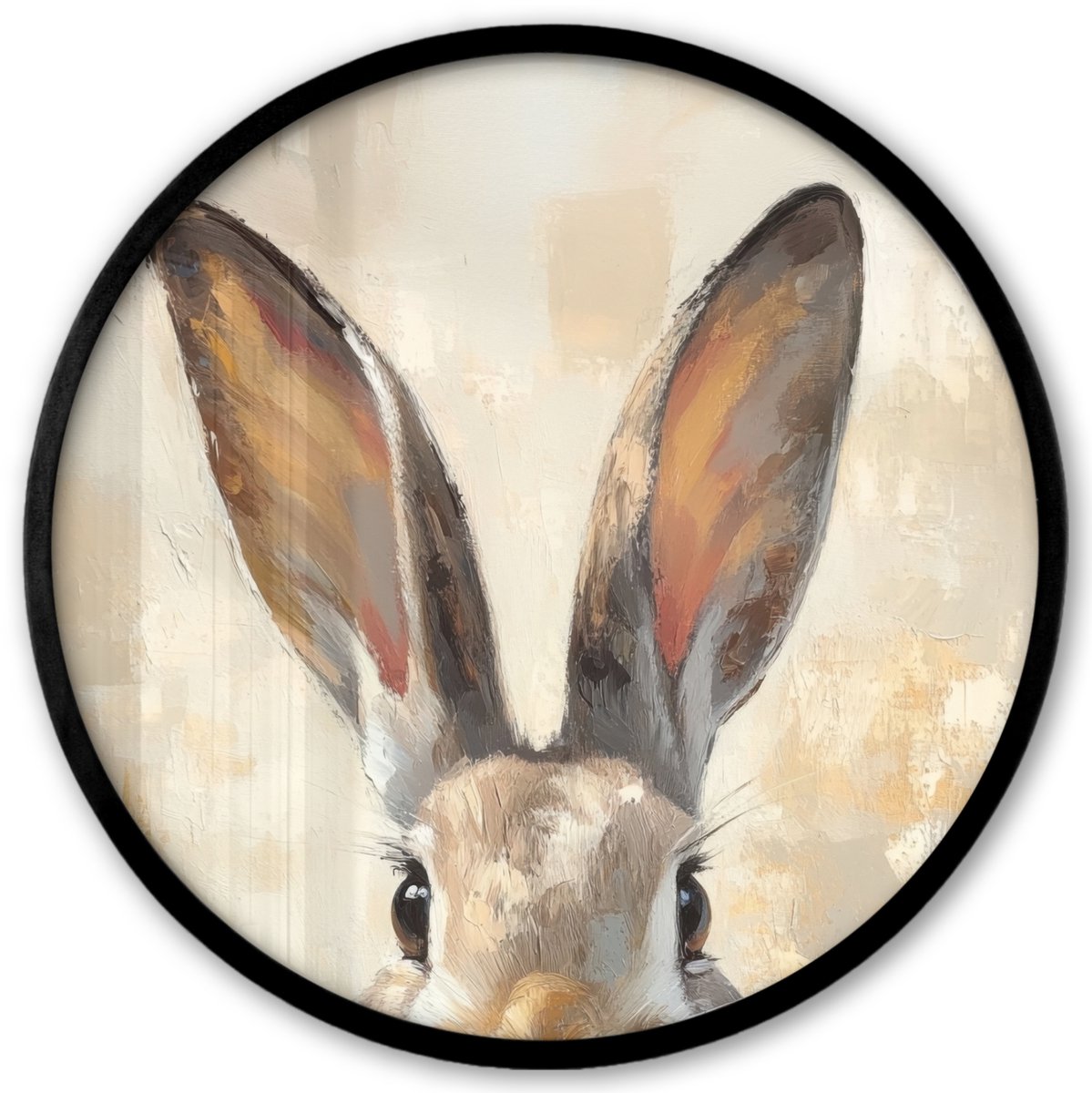 FrameYourWall Poster in lijst Rond - Fotolijst 40x40 cm - Posters - Haas - Oren - Bruin - Ronde posterlijst zwart - Decoratie - Wanddecoratie woonkamer - Muurdecoratie slaapkamer Paashaas oren