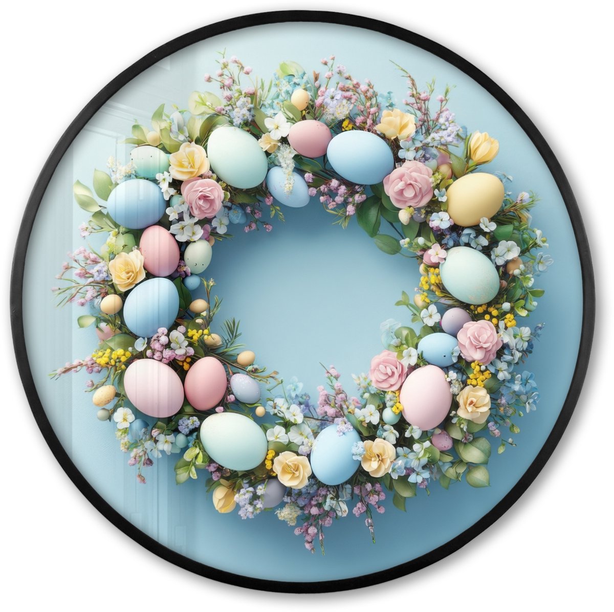 FrameYourWall Poster in lijst Rond - Fotolijst 80x80 cm - Posters - Krans - Eieren - Bloemen - Ronde posterlijst zwart - Decoratie - Wanddecoratie woonkamer - Muurdecoratie slaapkamer Paaskrans