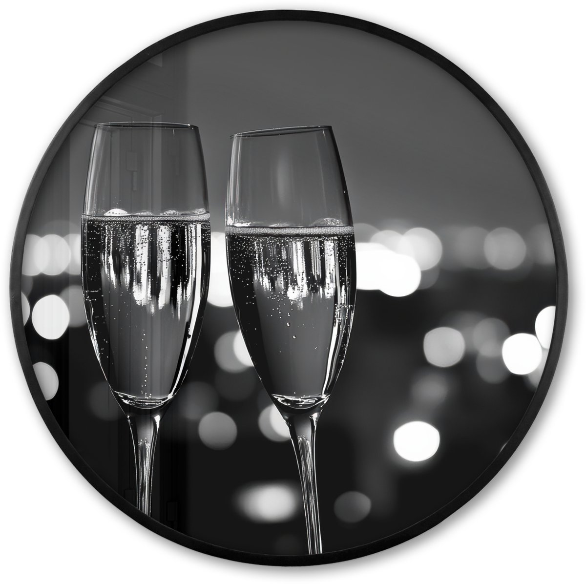 FrameYourWall Poster in lijst Rond - Fotolijst 60x60 cm - Posters - Bubbels - Proosten - Champagneglazen - Stadslichten - Ronde posterlijst zwart - Decoratie - Wanddecoratie woonkamer - Muurdecoratie slaapkamer