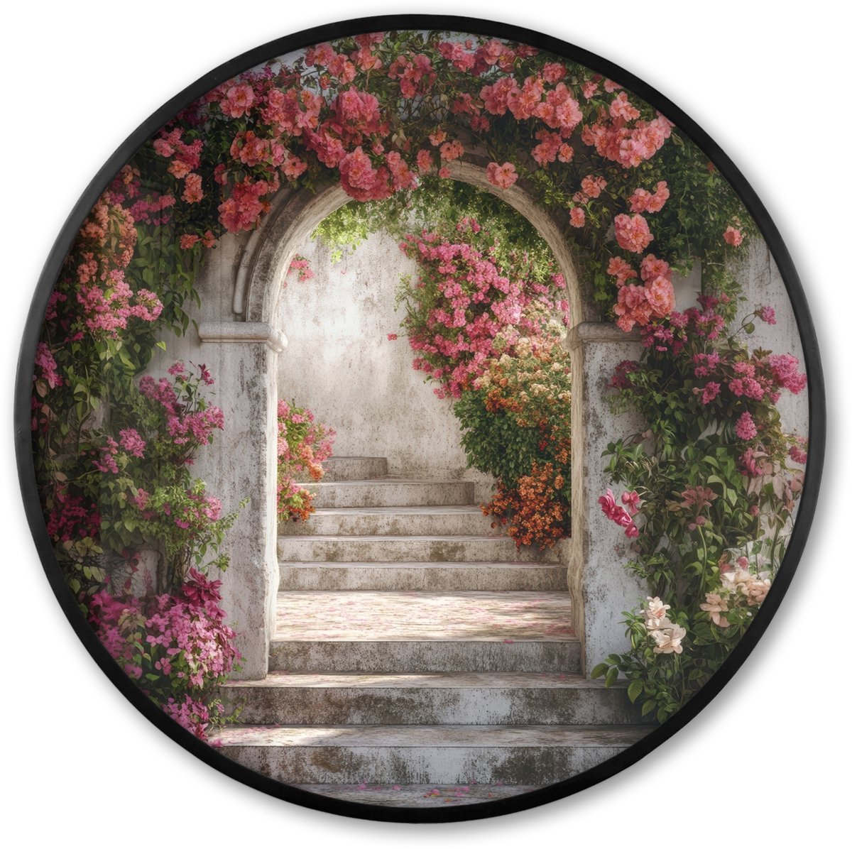 FrameYourWall Poster in lijst Rond - Fotolijst 80x80 cm - Posters - Doorkijk - Rozen - Vintage - Poort - Ronde posterlijst zwart - Decoratie - Wanddecoratie woonkamer - Muurdecoratie slaapkamer Boog - Rozen