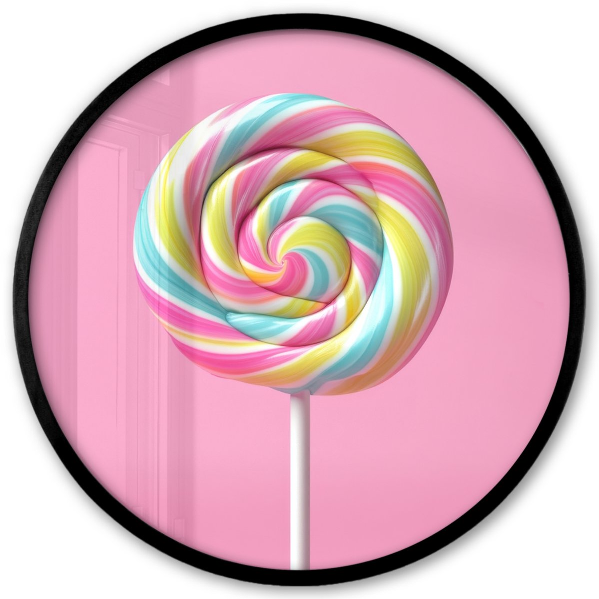 FrameYourWall Poster in lijst Rond - Fotolijst 40x40 cm - Posters - Lolly - Roze - Snoep - Zoet - Ronde posterlijst zwart - Decoratie - Wanddecoratie woonkamer - Muurdecoratie slaapkamer Kleurrijke lolly