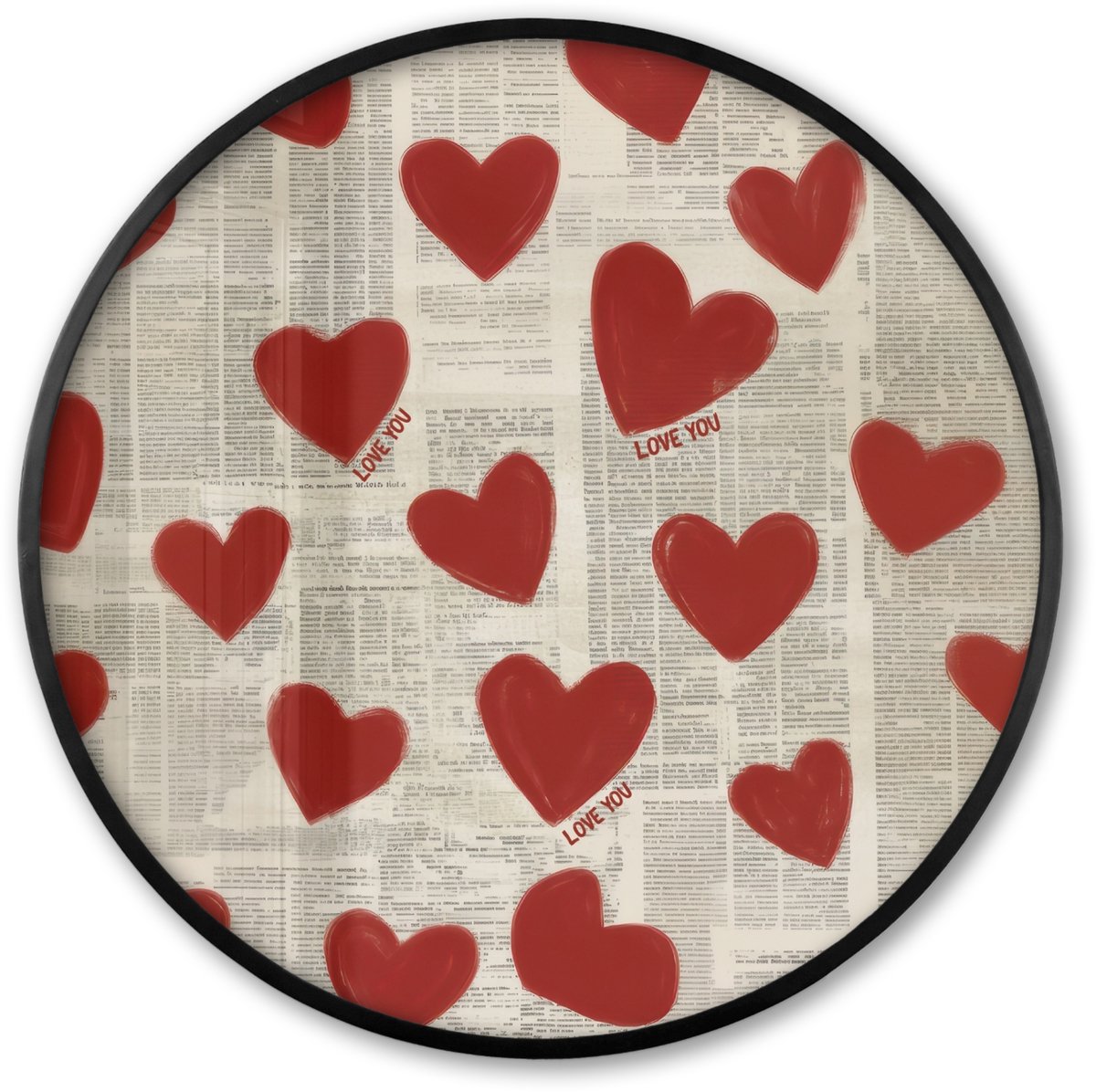 FrameYourWall Poster in lijst Rond - Fotolijst 80x80 cm - Posters - Hartjes - Krant - Loveyou - Ronde posterlijst zwart - Decoratie - Wanddecoratie woonkamer - Muurdecoratie slaapkamer