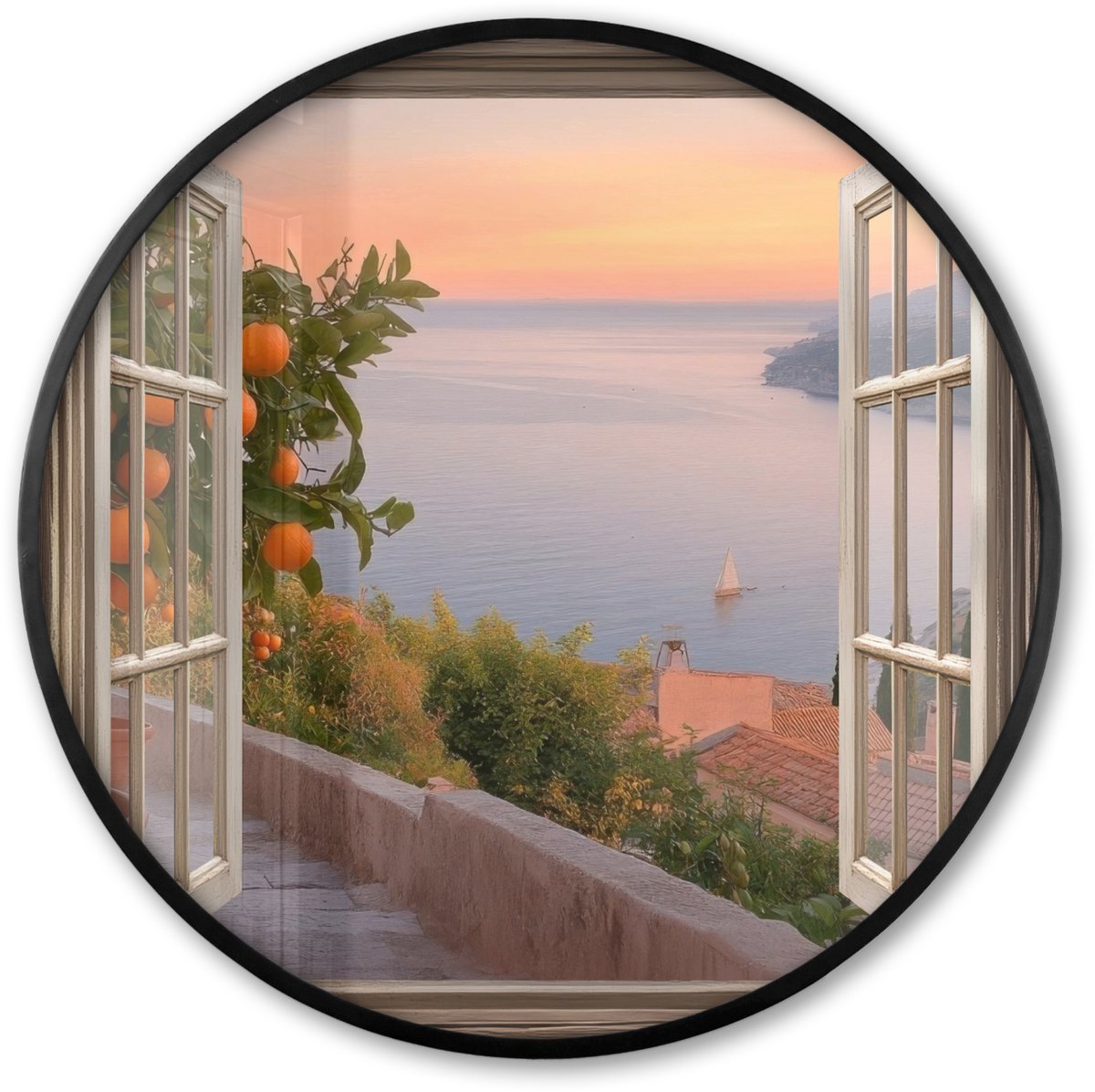 FrameYourWall Poster in lijst Rond - Fotolijst 60x60 cm - Posters - Doorkijk - Uitzicht - Meer - Landschap - Ronde posterlijst zwart - Decoratie - Wanddecoratie woonkamer - Muurdecoratie slaapkamer