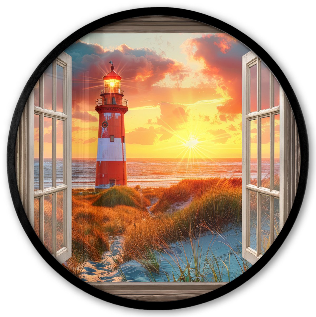 FrameYourWall Poster in lijst Rond - Fotolijst 40x40 cm - Posters - Doorkijk - Raam - Vuurtoren - Zonsondergang - Strand - Ronde posterlijst zwart - Decoratie - Wanddecoratie woonkamer - Muurdecoratie slaapkamer Zonsondergang - Vuurtoren