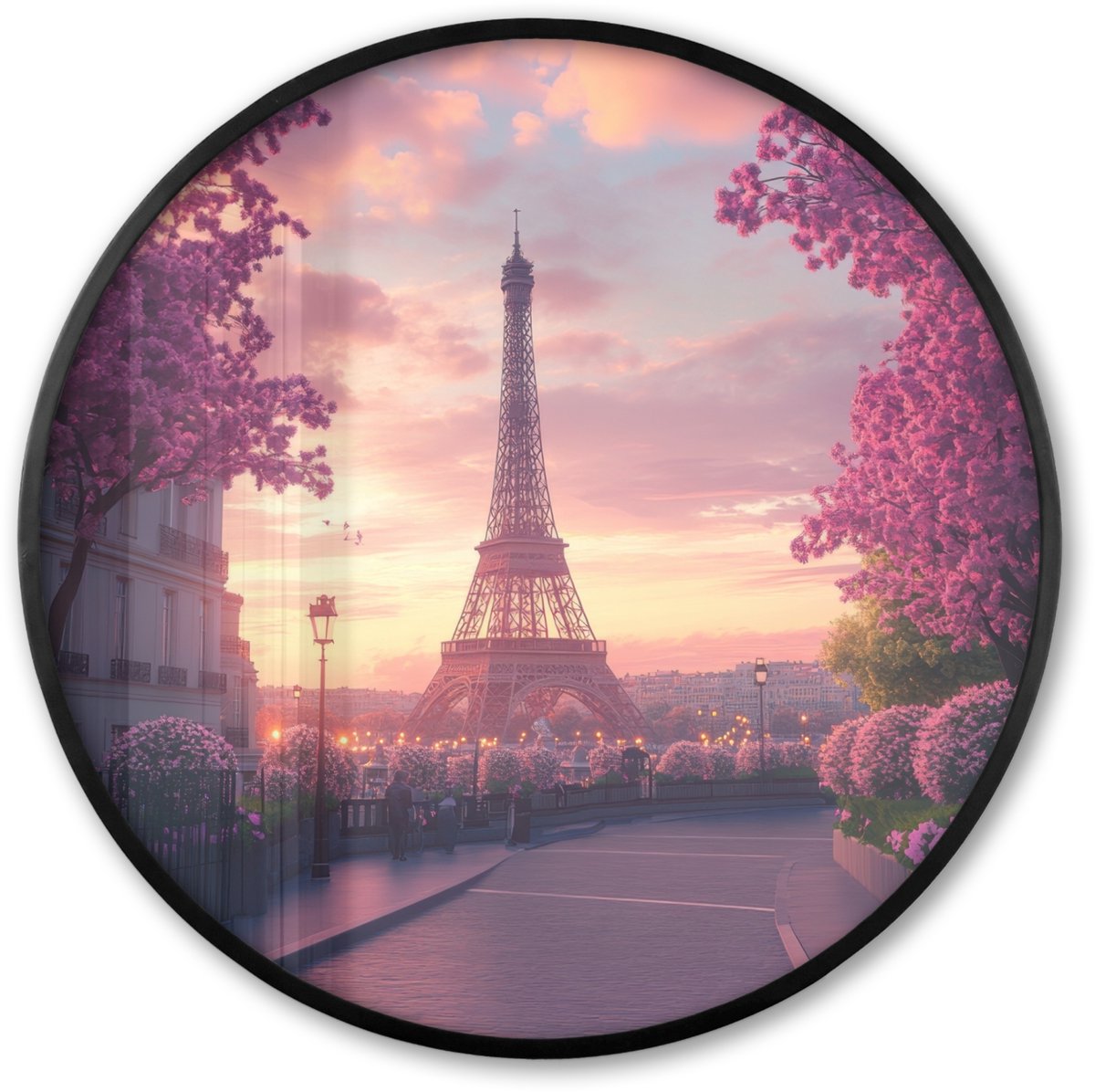 FrameYourWall Poster in lijst Rond - Fotolijst 80x80 cm - Posters - Eiffeltoren - Parijs - Roze - Ronde posterlijst zwart - Decoratie - Wanddecoratie woonkamer - Muurdecoratie slaapkamer