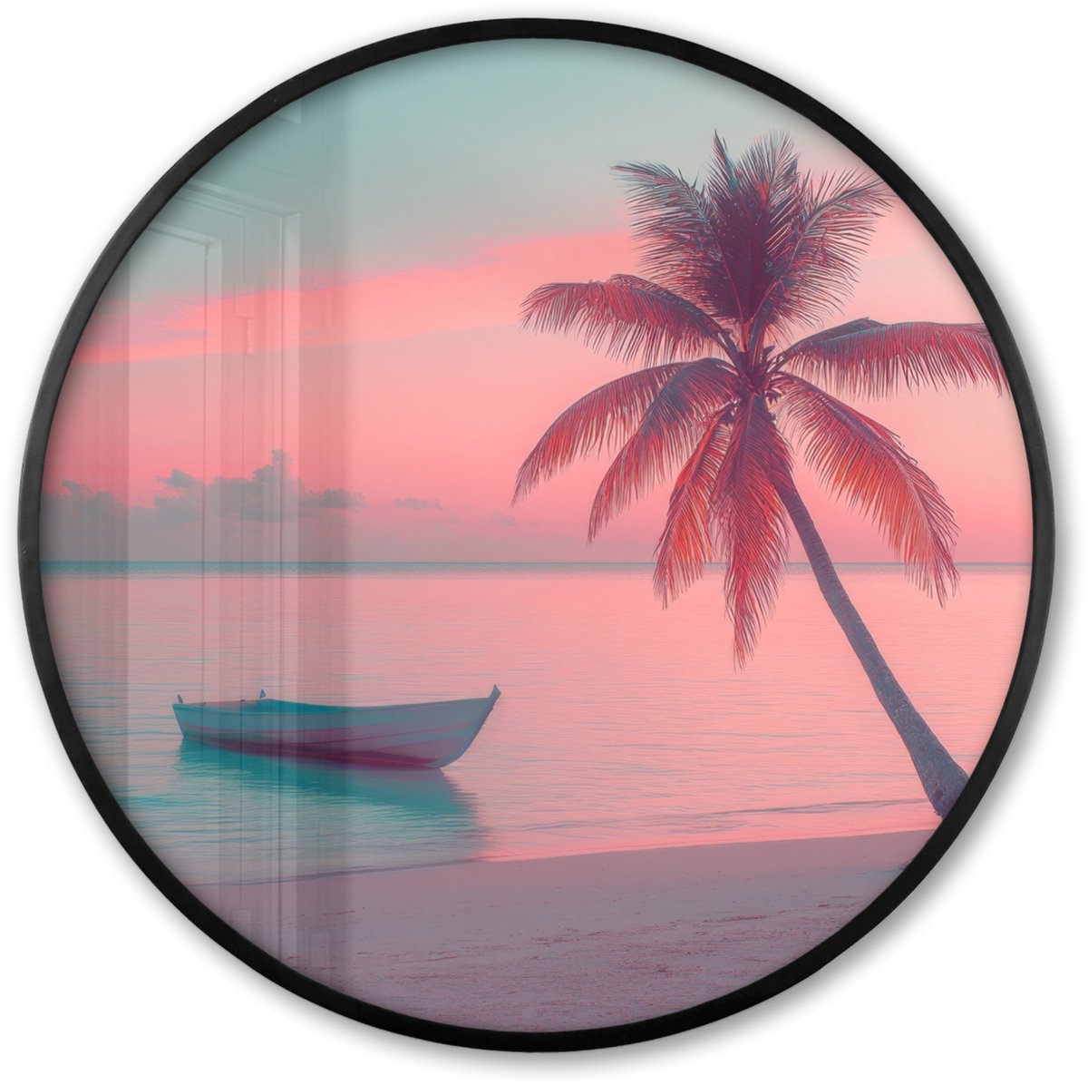 FrameYourWall Poster in lijst Rond - Fotolijst 60x60 cm - Posters - Zee - Boot - Zonsondergang - Ronde posterlijst zwart - Decoratie - Wanddecoratie woonkamer - Muurdecoratie slaapkamer Strand - Palmboom